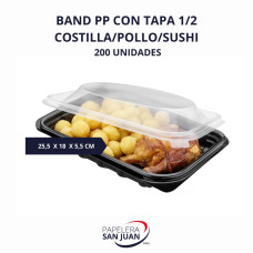 BAND. PP CON TAPA 1/2 COSTILLA/SUSHI BASE 255X180 MM H 55 MM X 200 UNID